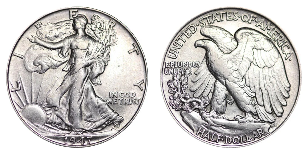 1947 Walking Liberty Half Dollar obverse and reverse showing Liberty and the American eagle design