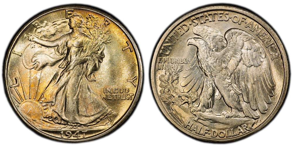 1947 half dollar RPM comparison: normal D mint mark (left) versus repunched D mint mark with secondary ghost impression (right)