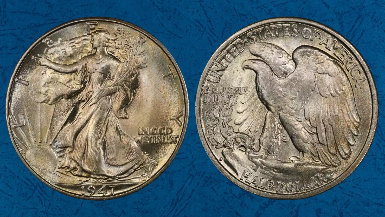 1947-D Walking Liberty half dollar repunched mint mark (RPM) close-up showing secondary D impression below olive branch