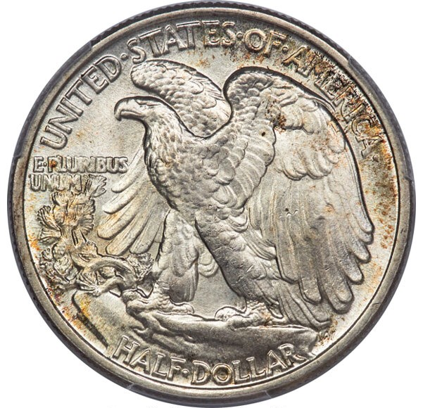 1947 Walking Liberty half dollar doubled die reverse (DDR) showing doubling on eagle feathers and lettering