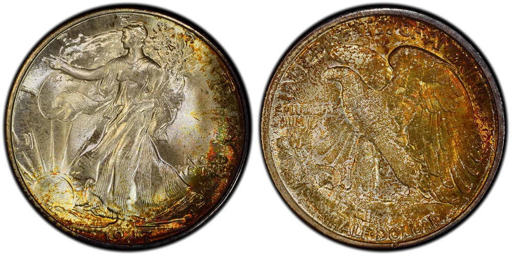 Walking Liberty half dollar grading strip showing four condition tiers from worn Good through gem Mint State
